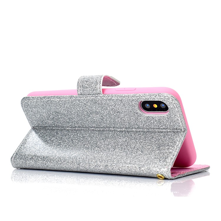 Glitter Powder Magnetic Stand Wallet PU Leather Cover for iPhone XS / X 5.8 inch - Silver-5