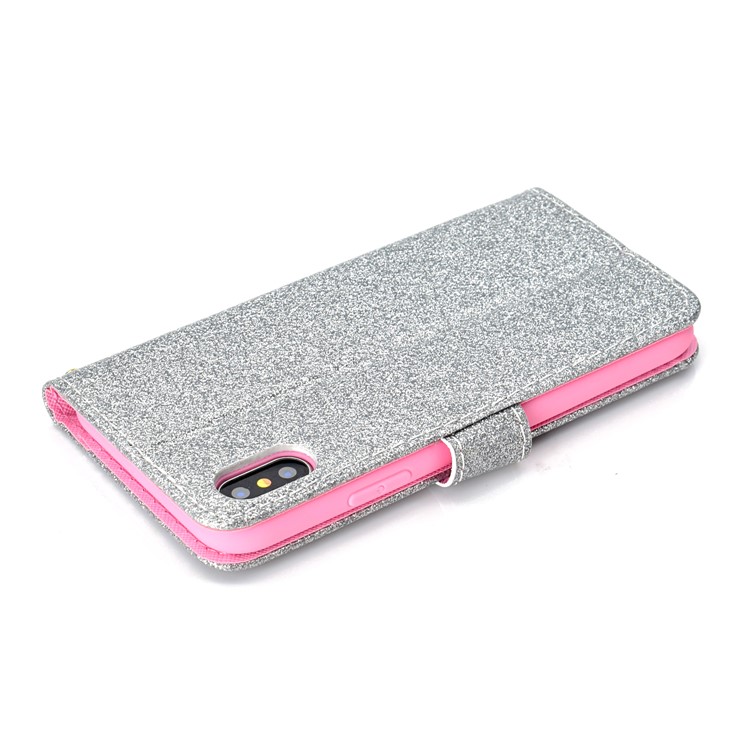 Glitter Powder Magnetic Stand Wallet PU Leather Cover for iPhone XS / X 5.8 inch - Silver-7