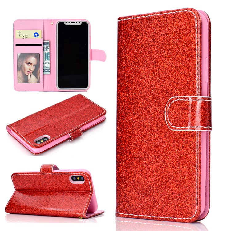 Glitter Powder Magnetic Stand Wallet PU Leather Shell for iPhone XS / X 5.8 inch - Red-1