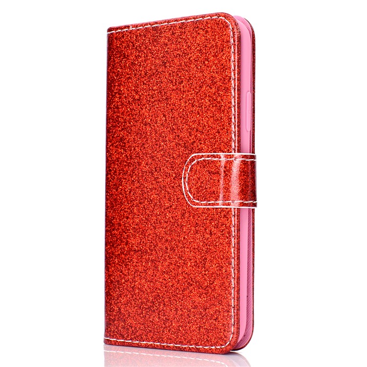 Glitter Powder Magnetic Stand Wallet PU Leather Shell for iPhone XS / X 5.8 inch - Red-3