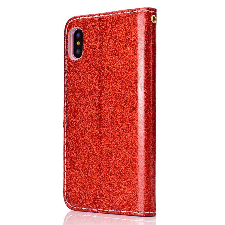 Glitter Powder Magnetic Stand Wallet PU Leather Shell for iPhone XS / X 5.8 inch - Red-4