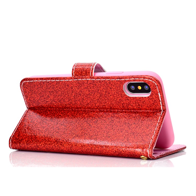 Glitter Powder Magnetic Stand Wallet PU Leather Shell for iPhone XS / X 5.8 inch - Red-5