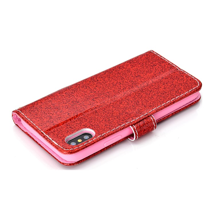 Glitter Powder Magnetic Stand Wallet PU Leather Shell for iPhone XS / X 5.8 inch - Red-7