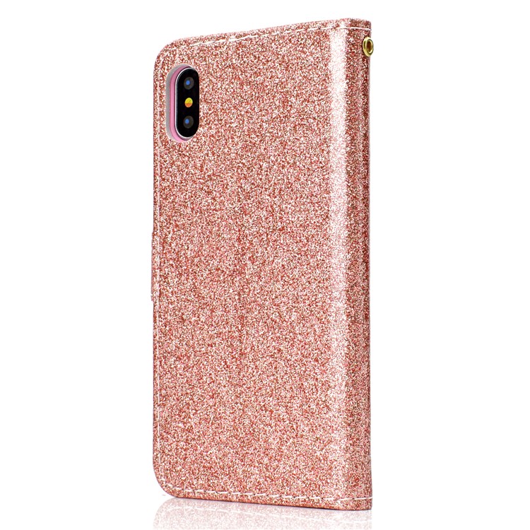Glitter Powder Magnetic Stand Wallet PU Leather Mobile Phone Case for iPhone XS / X 5.8 inch - Rose Gold-4