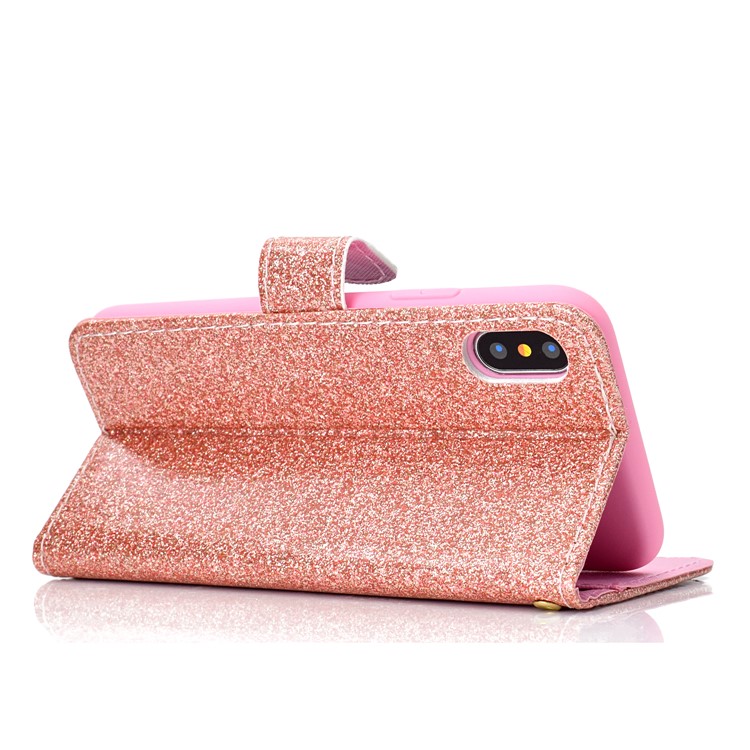 Glitter Powder Magnetic Stand Wallet PU Leather Mobile Phone Case for iPhone XS / X 5.8 inch - Rose Gold-5