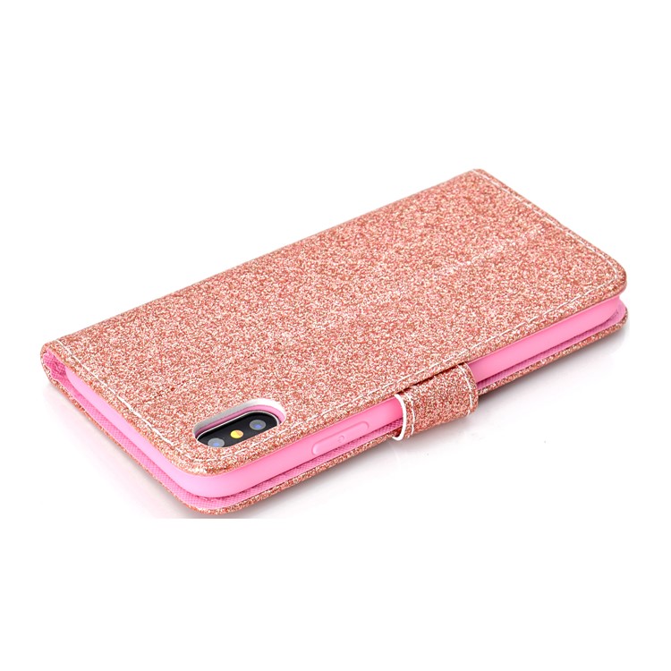 Glitter Powder Magnetic Stand Wallet PU Leather Mobile Phone Case for iPhone XS / X 5.8 inch - Rose Gold-7