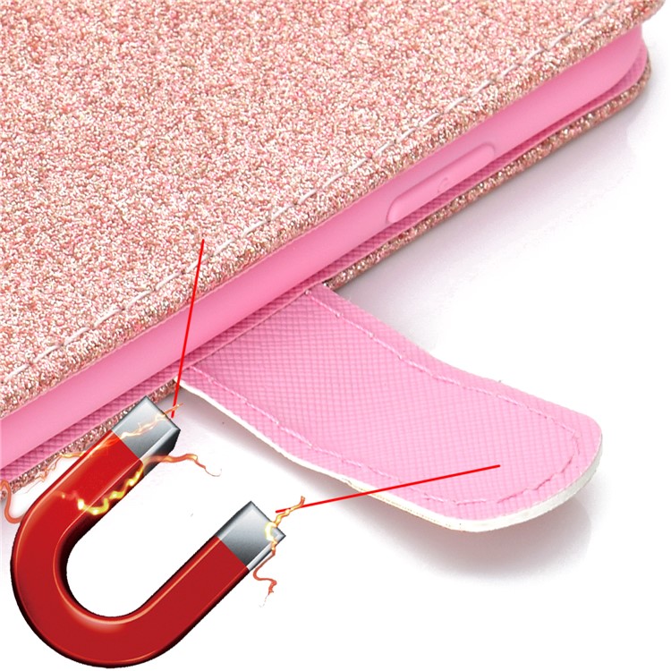 Glitter Powder Magnetic Stand Wallet PU Leather Mobile Phone Case for iPhone XS / X 5.8 inch - Rose Gold-8