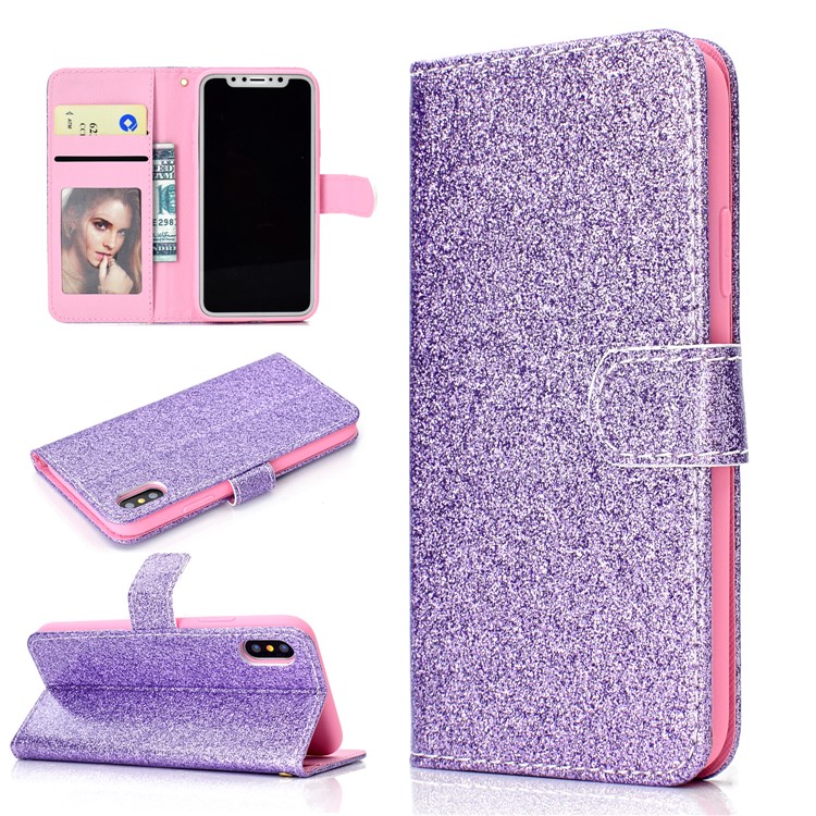 

Glitter Powder Magnetic Stand Wallet PU Leather Cell Phone Case for iPhone XS / X 5.8 inch - Purple