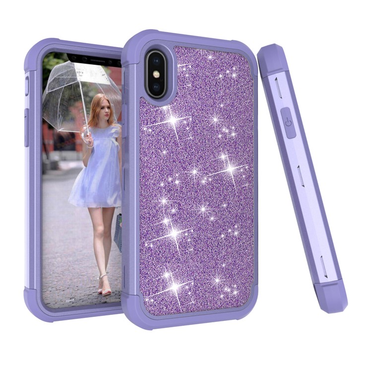 

Glitter Sequins Decorated Heavy Duty 3-piece PC + Silicone Drop-proof Hybrid Protective Case for iPhone X/XS - Light Purple