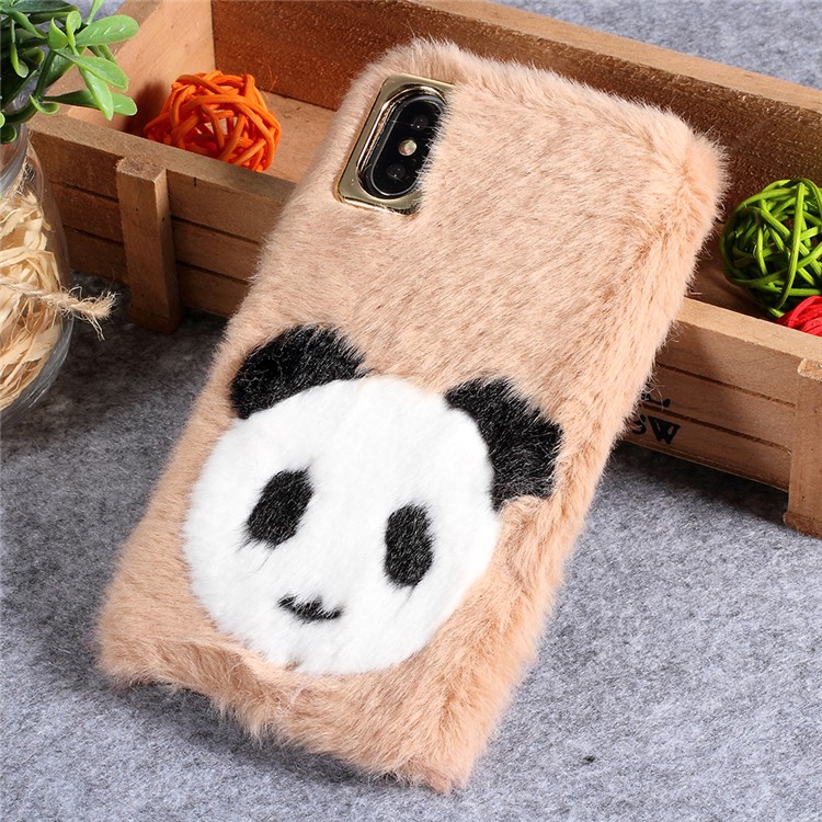 

Cute Panda Fluffy Fur Coated Soft TPU Back Cover Protector for iPhone XS / X 5.8 inch - Khaki, iPhone Xs