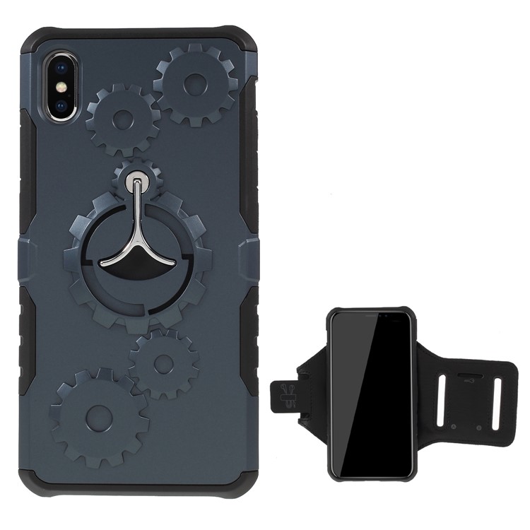

Gear Pattern Hybrid PC + TPU Kickstand Mobile Phone Casing with Armband for iPhone XS Max 6.5 inch - Dark Blue