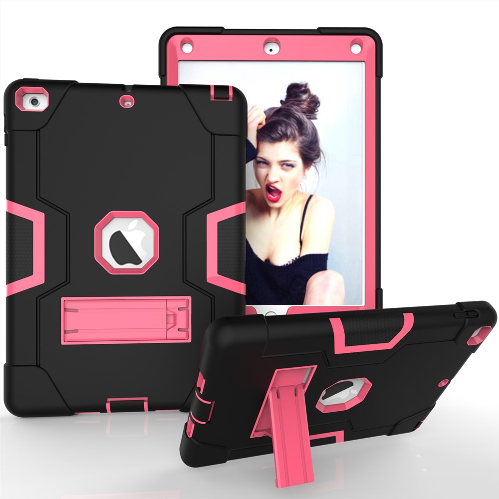 Boîtier Bicolore En Silicone Pour PC À Tablette Avec Support Anti-poussière Pour Ipad 9.7 (2018) /9.7 (2017) - Noir / Rose-1