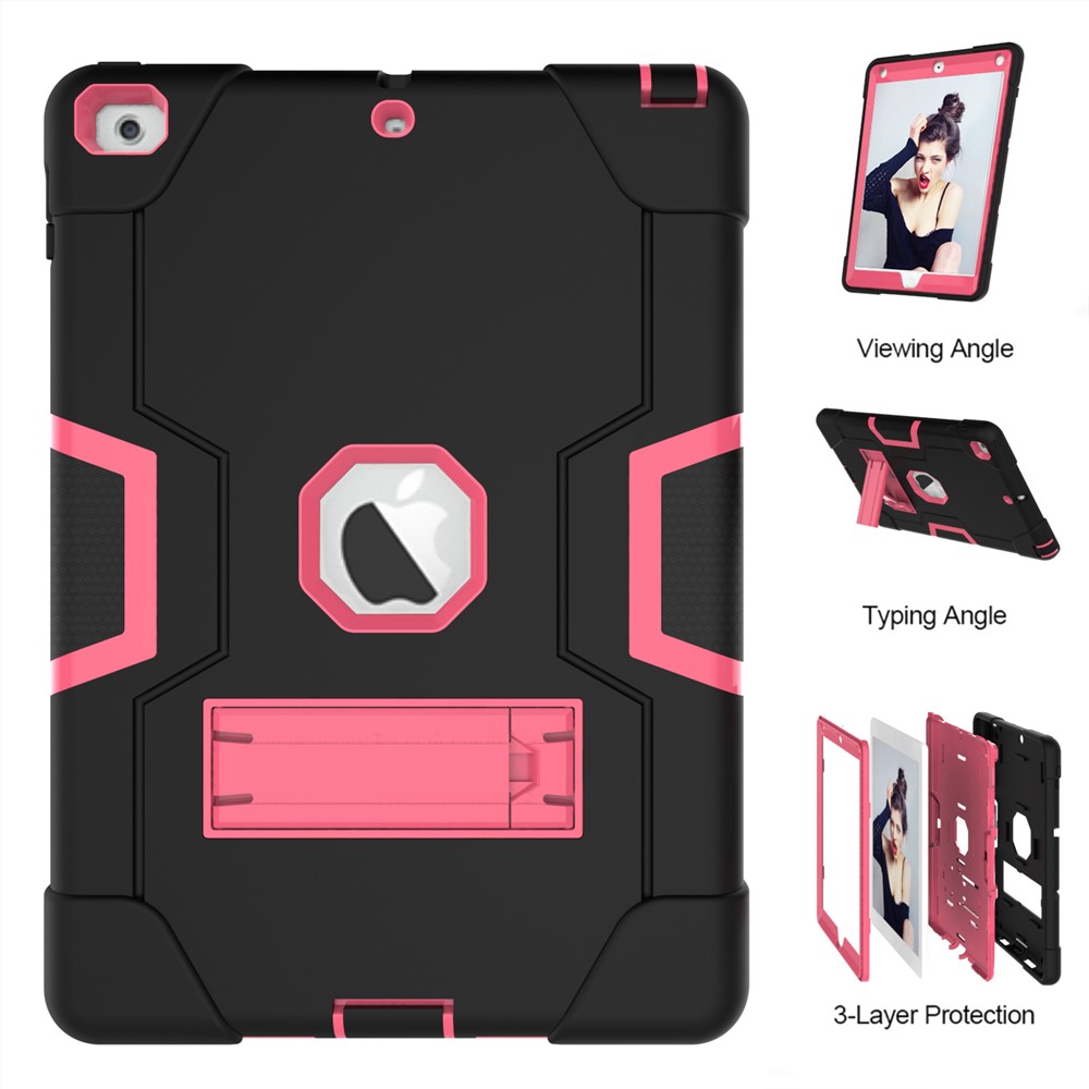 Boîtier Bicolore En Silicone Pour PC À Tablette Avec Support Anti-poussière Pour Ipad 9.7 (2018) /9.7 (2017) - Noir / Rose-7
