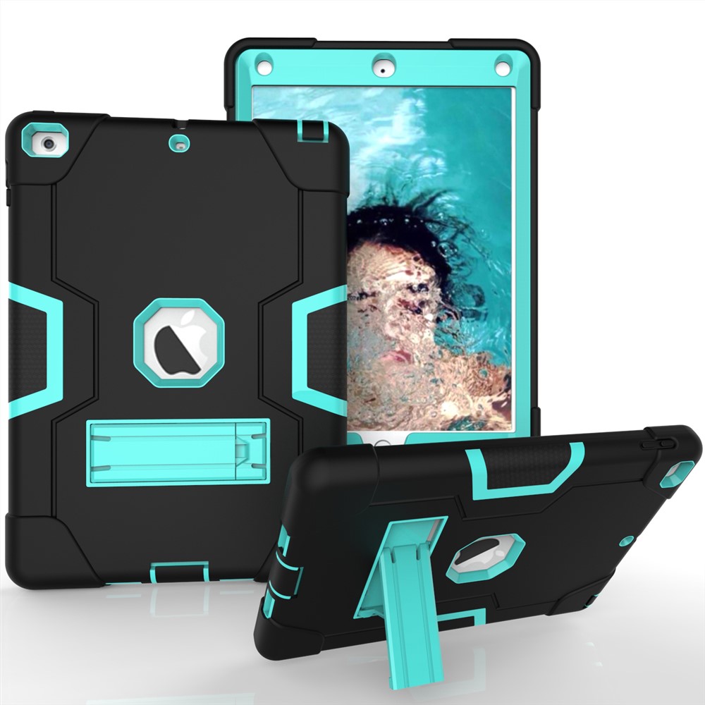 Boîtier De Protection Bicolore En Silicone Pour Béquille En Silicone Pour IPad 9.7 (2018) /9.7 (2017) - Noir / Cyan-1