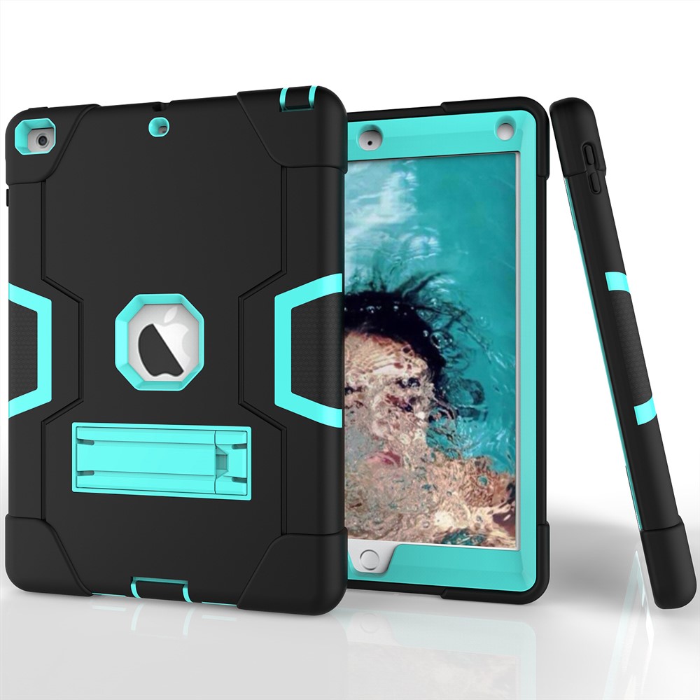 For iPad 9.7-inch (2018)/iPad 9.7-inch (2017) Bi-color PC Silicone Tablet Case Kickstand Anti-drop Hybrid Cover  - Black / Cyan-2