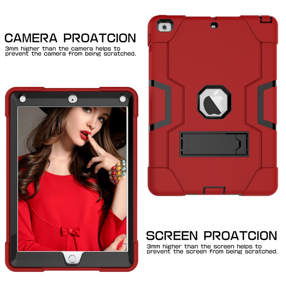 Para Ipad 9,7 Polegadas (2018) / IPad 9,7 Polegadas (2017) Bi-Color PC Silicone Tablet Case Kickstand Capa Híbrida Anti-drop - Vermelho / Cinza Escuro