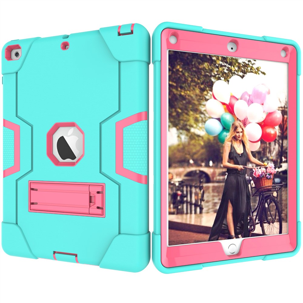 Boîtier De Protection Bi-couleur PC Pour Tablette En Silicone Avec Support Pour IPad 9.7 (2018) /9.7 (2017) - Cyan / Rose-3
