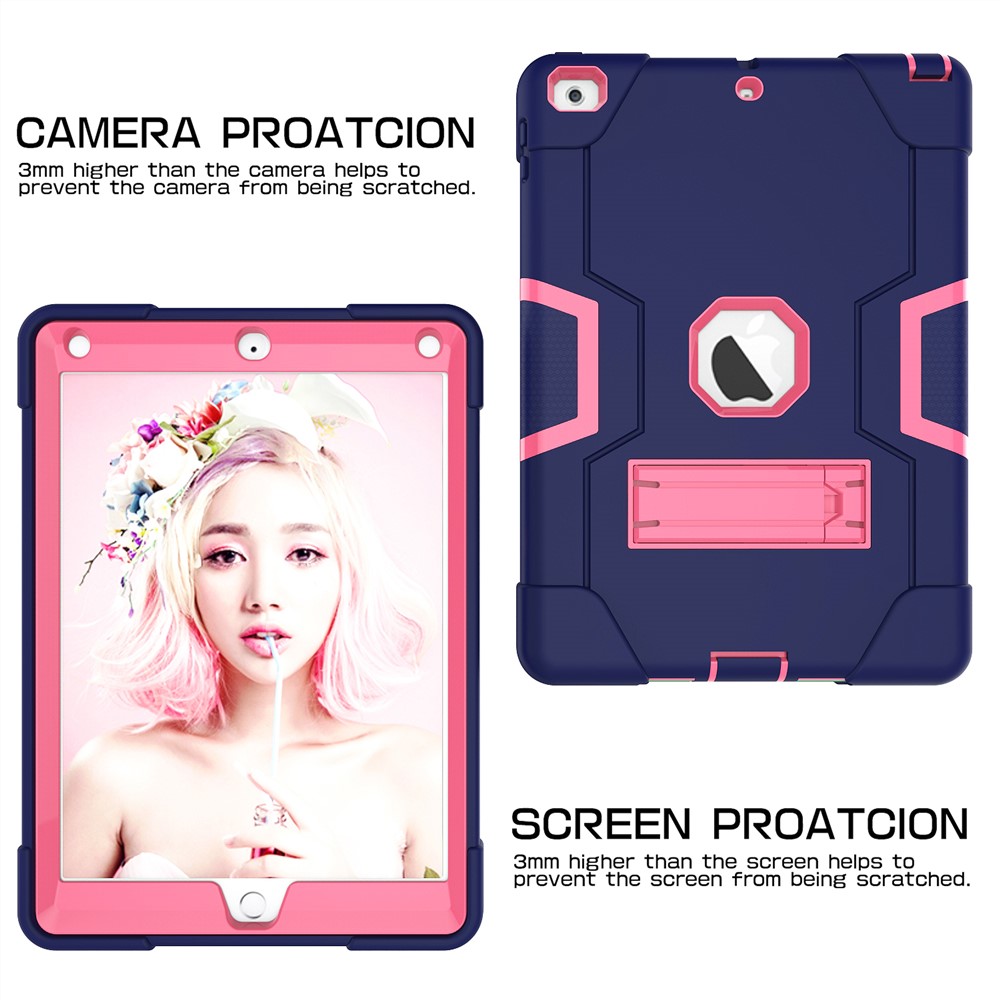 Per IPad Da 9,7 Pollici (2018) / IPad Da 9,7 Pollici (2017) Custodia Per Tablet In Silicone Bi-Color Kackstand Cover Ibrido Anti-Drop - Blu Scuro / Rosa-5