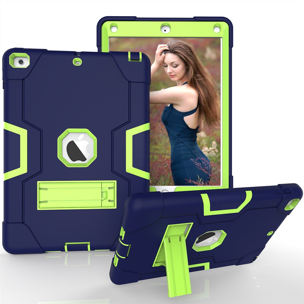 Pour Ipad 9.7 (2018) /9.7 (2017) Étui En Plastique Bi-couleur En Silicone Pour Béquille - Bleu Foncé / Vert-1