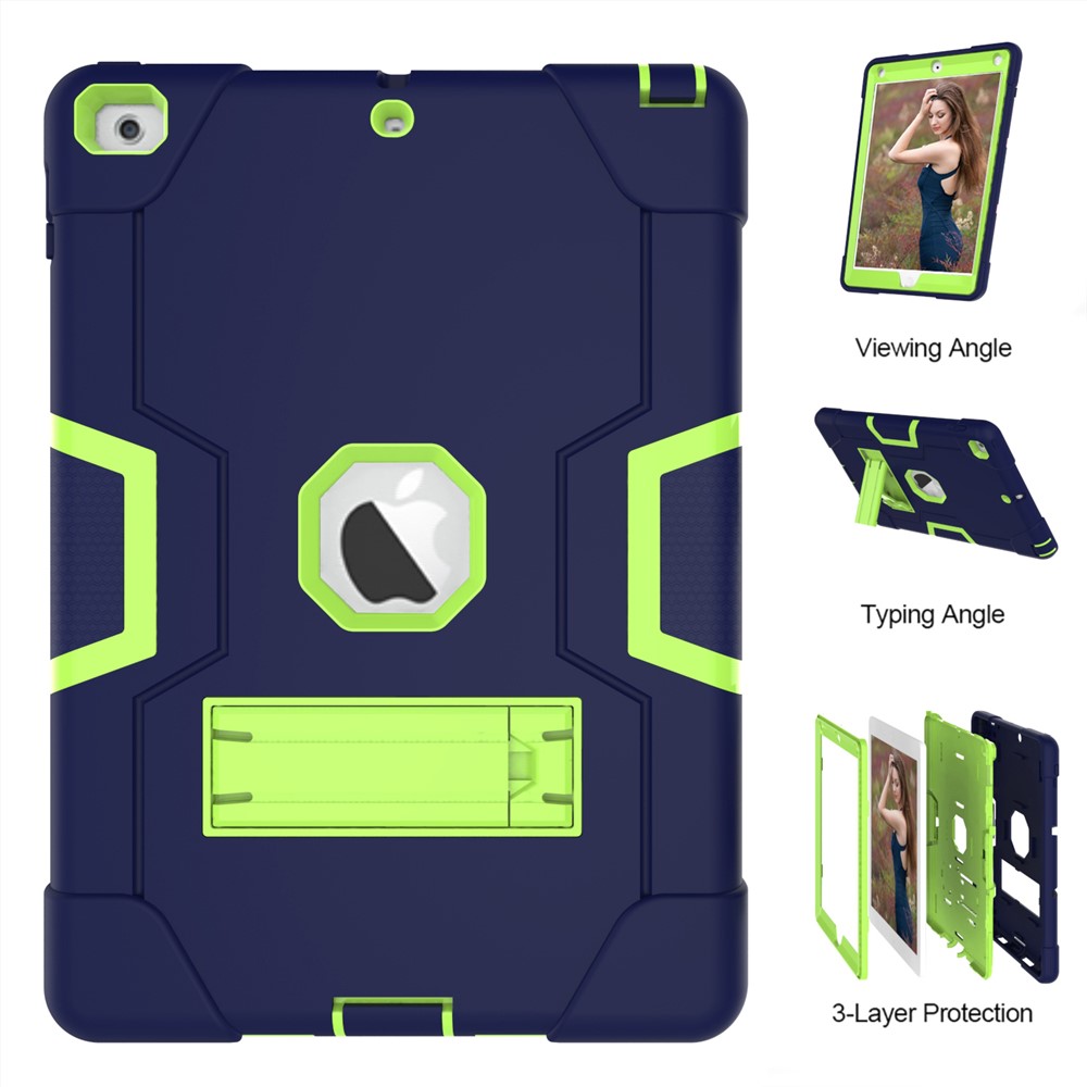 Pour Ipad 9.7 (2018) /9.7 (2017) Étui En Plastique Bi-couleur En Silicone Pour Béquille - Bleu Foncé / Vert-2