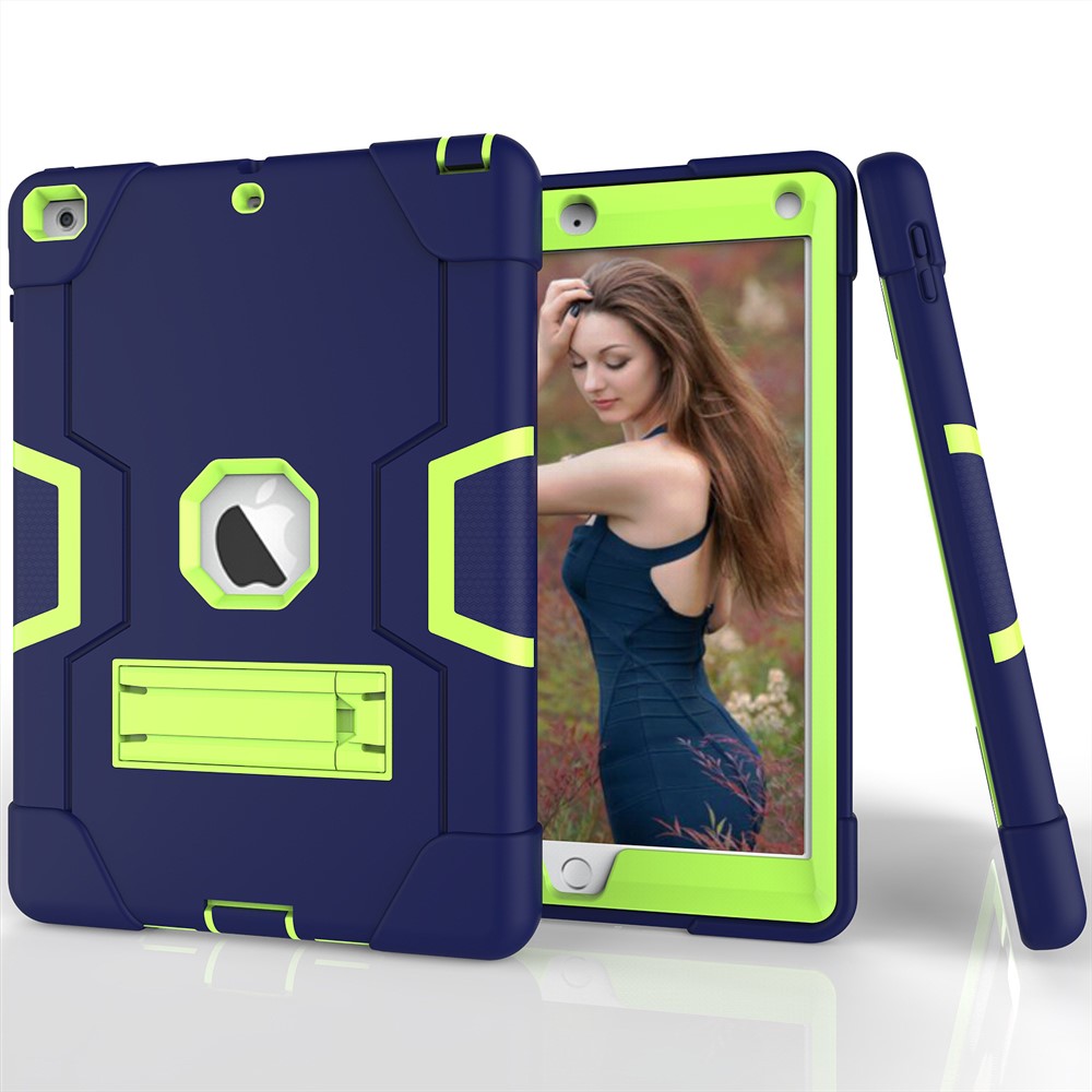 Pour Ipad 9.7 (2018) /9.7 (2017) Étui En Plastique Bi-couleur En Silicone Pour Béquille - Bleu Foncé / Vert-3