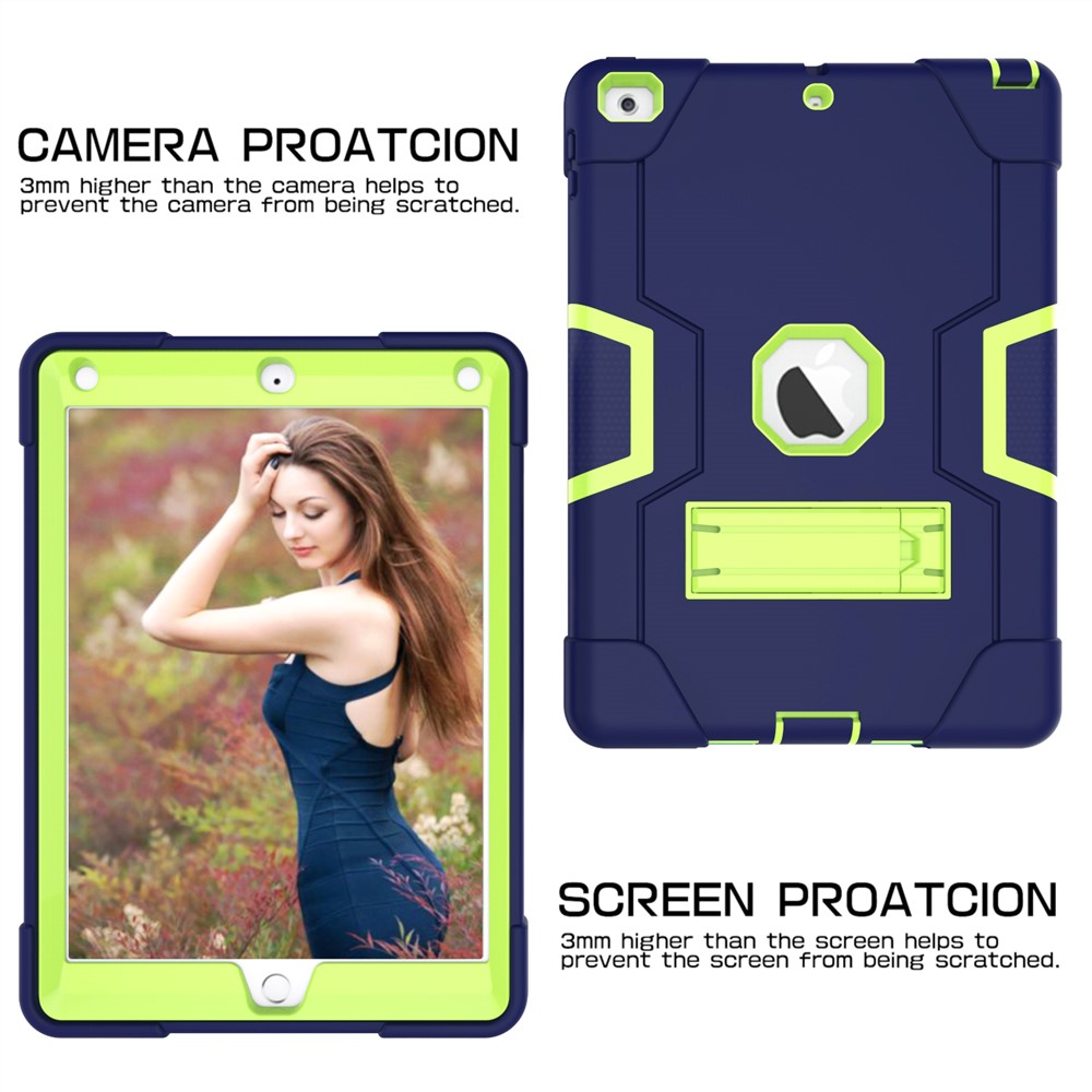 Para Ipad 9,7 Polegadas (2018) / IPad 9,7 Polegadas (2017) Bi-Color PC Silicone Tablet Case Kickstand Capa Híbrida Anti-drop - Azul Escuro / Verde