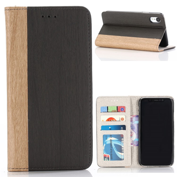 Caixa De Couro Do Suporte Da Carteira Da Aleta Da Textura De Madeira Para O Iphone 9 Mais 6,5 Polegadas - Preto-1