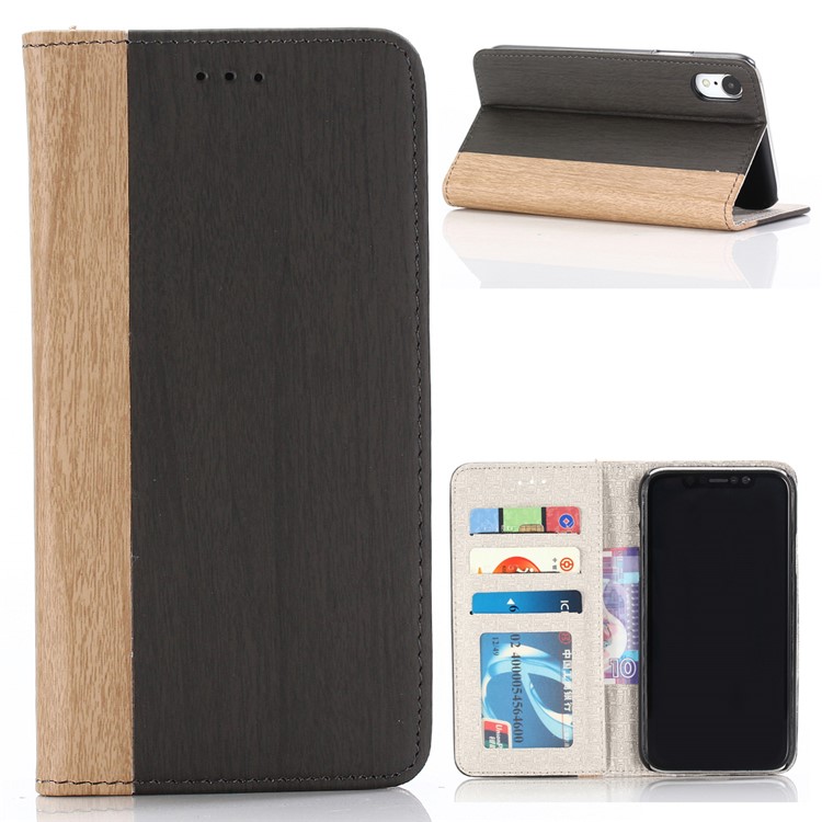 Para Iphone 9 6,1 Polegadas Textura De Madeira PU Couro Wallet Stand Phone Case - Preto-1