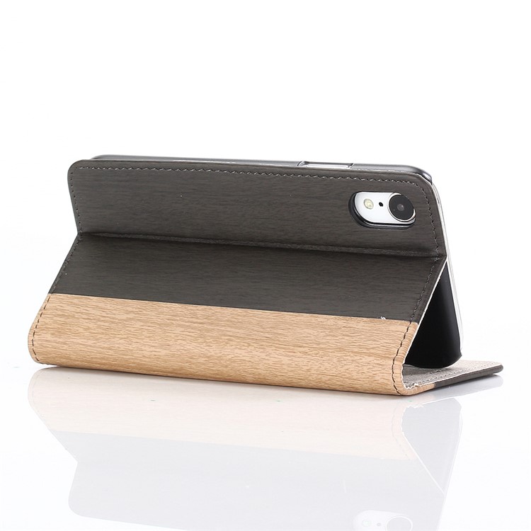 Para Iphone 9 6,1 Polegadas Textura De Madeira PU Couro Wallet Stand Phone Case - Preto-6