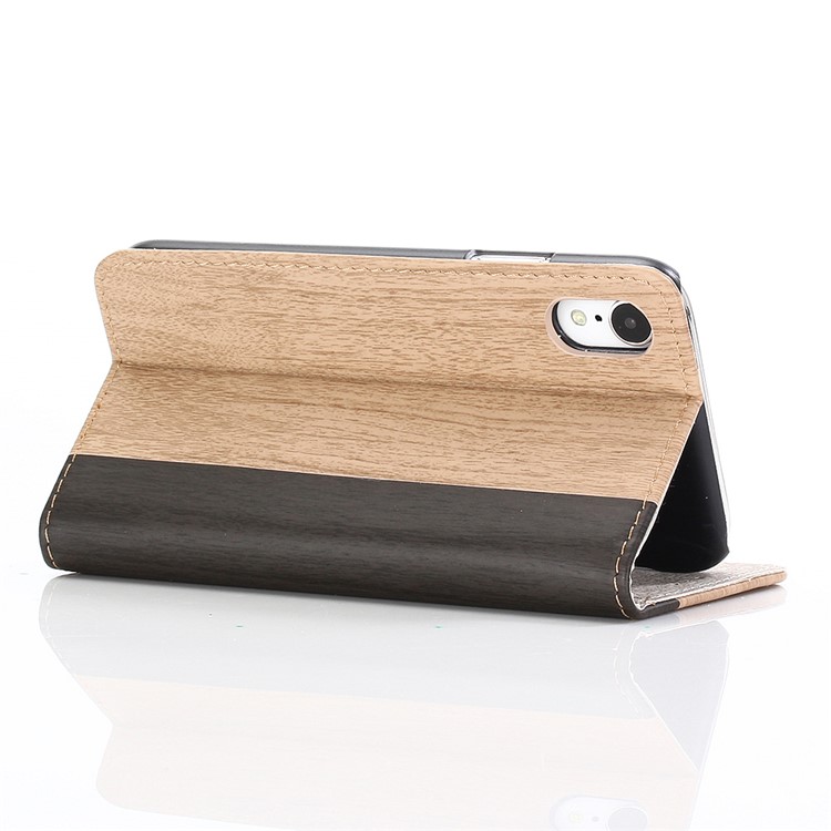 Para Iphone 9 6,1 Polegadas De Madeira Textura PU Couro Carteira Stand Tampa Do Telefone - Caqui-4