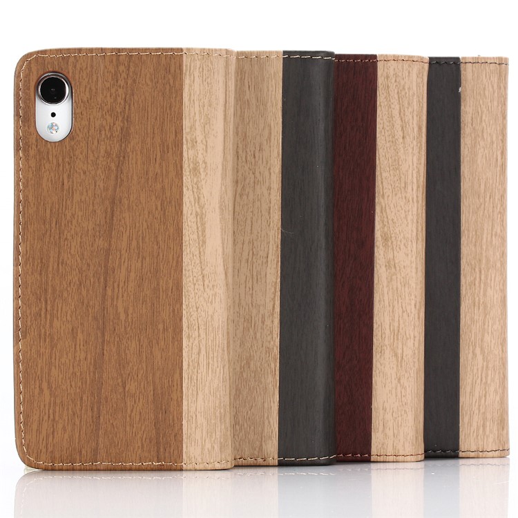 Para Iphone 9 6,1 Polegadas De Madeira Textura PU Couro Carteira Stand Proteção Shell - Castanho-10