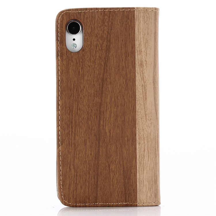 Para Iphone 9 6,1 Polegadas De Madeira Textura PU Couro Carteira Stand Proteção Shell - Castanho-2