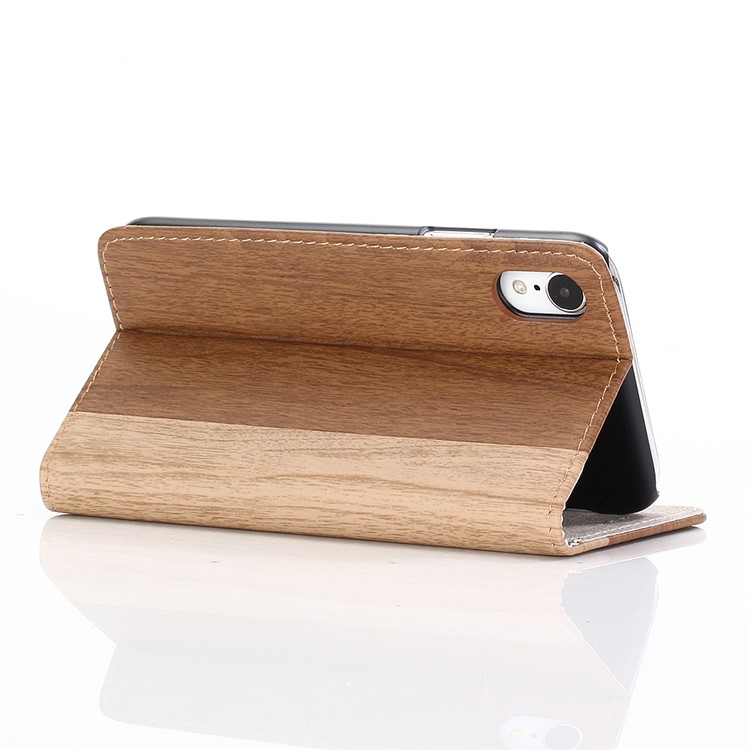 Para Iphone 9 6,1 Polegadas De Madeira Textura PU Couro Carteira Stand Proteção Shell - Castanho-4