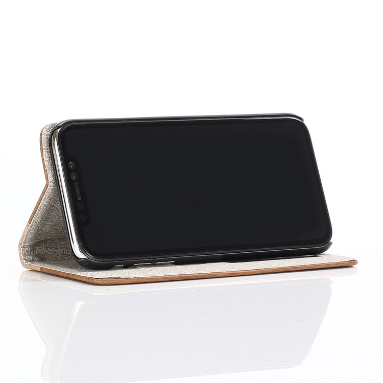Para Iphone 9 6,1 Polegadas De Madeira Textura PU Couro Carteira Stand Proteção Shell - Castanho-5