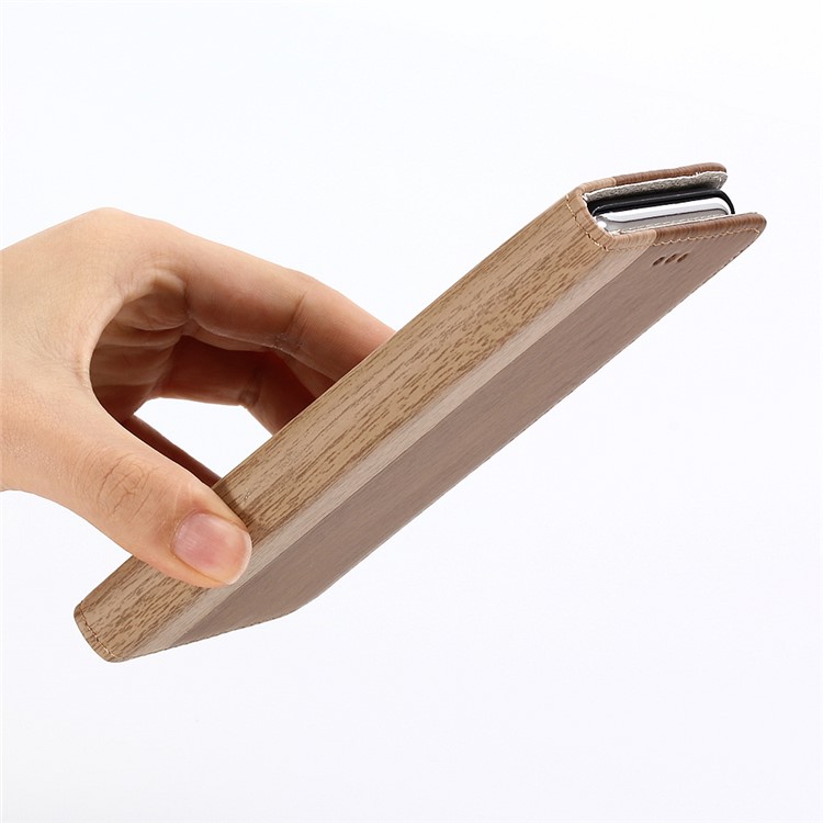 Para Iphone 9 6,1 Polegadas De Madeira Textura PU Couro Carteira Stand Proteção Shell - Castanho-6