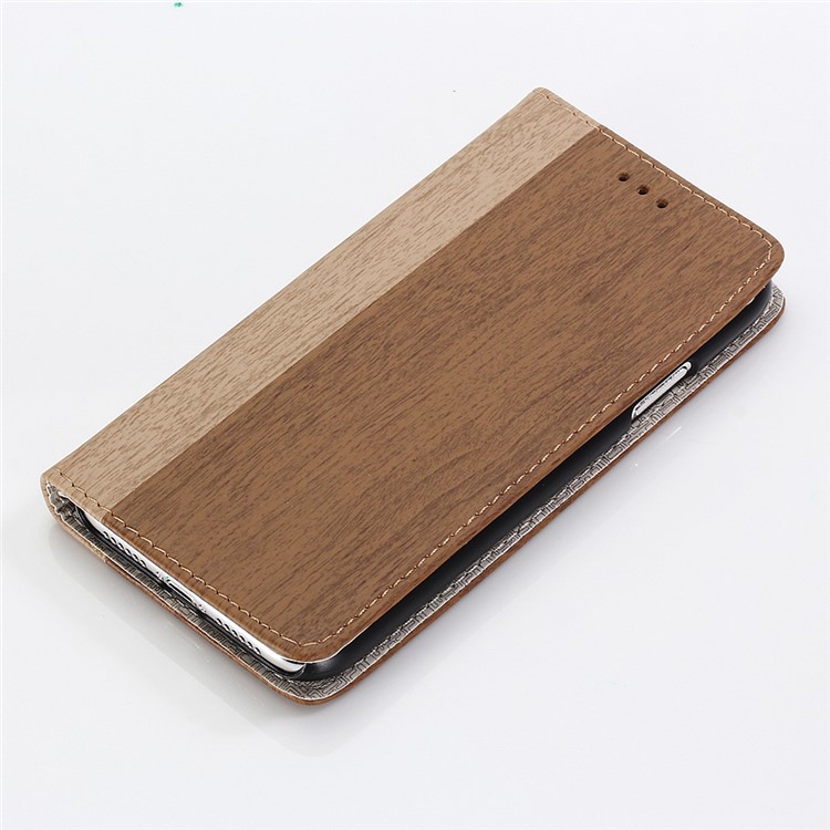 Para Iphone 9 6,1 Polegadas De Madeira Textura PU Couro Carteira Stand Proteção Shell - Castanho-7
