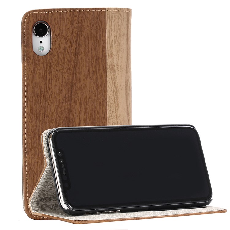 Para Iphone 9 6,1 Polegadas De Madeira Textura PU Couro Carteira Stand Proteção Shell - Castanho-8