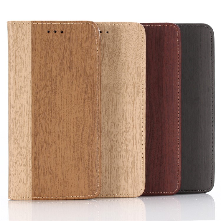 Para Iphone 9 6,1 Polegadas De Madeira Textura PU Couro Carteira Stand Proteção Shell - Castanho-9