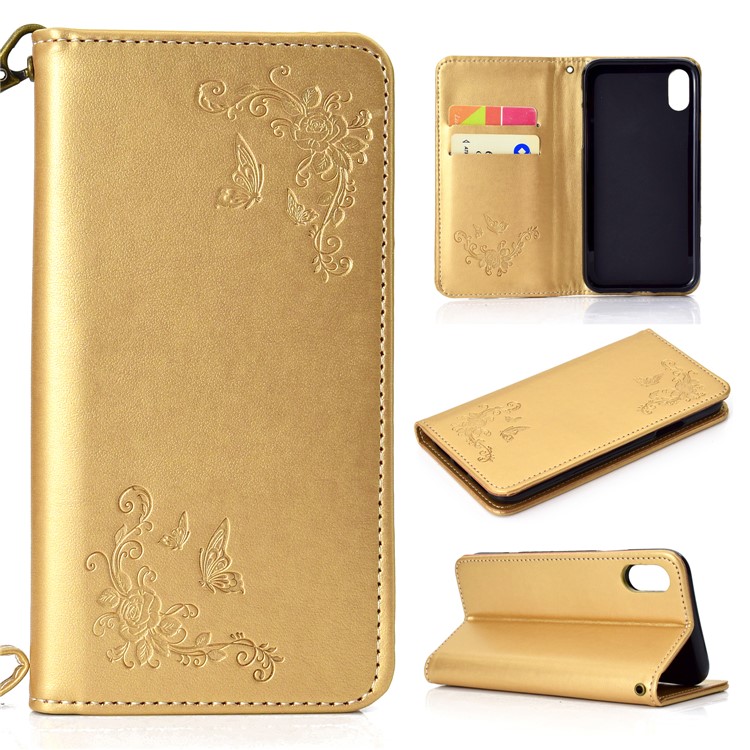 

Imprinted Flower and Butterfly Pattern Auto-absorbed Leather Phone Case with Card Slots for iPhone XS Max 6.5 inch - Gold, iPhone XS Max