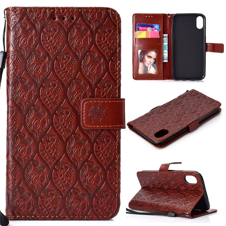 

Imprint Leaf Leather Stand Wallet Mobile Shell for iPhone XR 6.1 inch - Brown