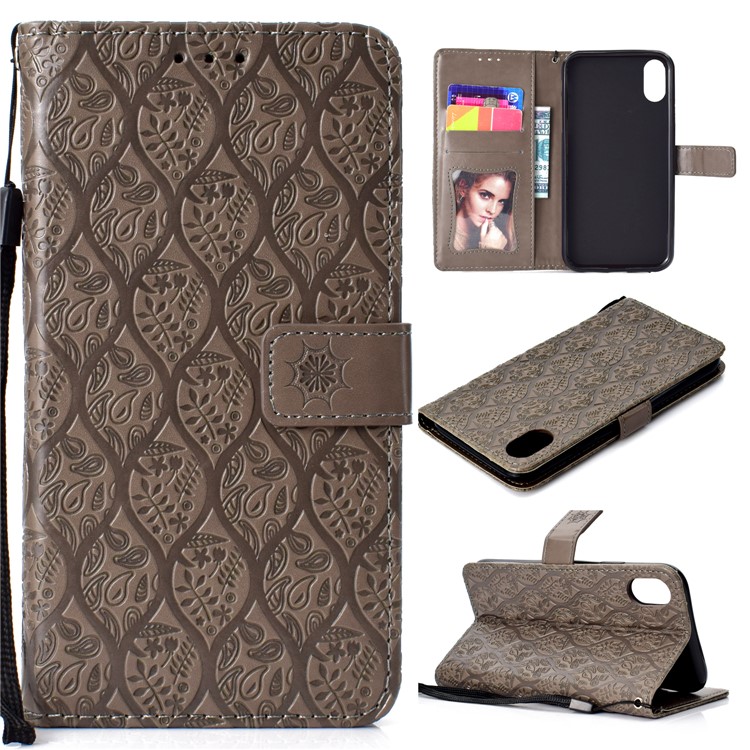 

Imprint Leaf Leather Stand Wallet Protective Cover for iPhone XS Max 6.5 inch - Grey