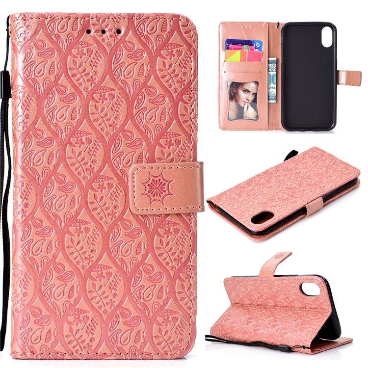

Imprint Leaf Leather Stand Wallet Flip Cover for iPhone XS Max 6.5 inch - Pink