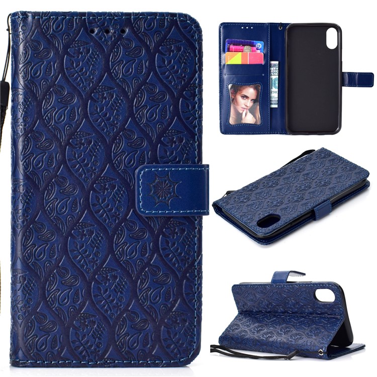 

Imprint Leaf Leather Stand Wallet Phone Case for iPhone XS Max 6.5 inch - Dark Blue
