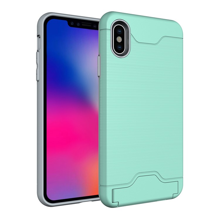 

Brushed Plastic + TPU Kickstand Card Holder Phone Casing for iPhone XS Max 6.5 inch - Cyan, iPhone XS Max