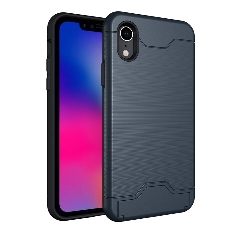 

Brushed PC + TPU Kickstand Card Slot Phone Case for iPhone XR 6.1 inch - Dark Blue