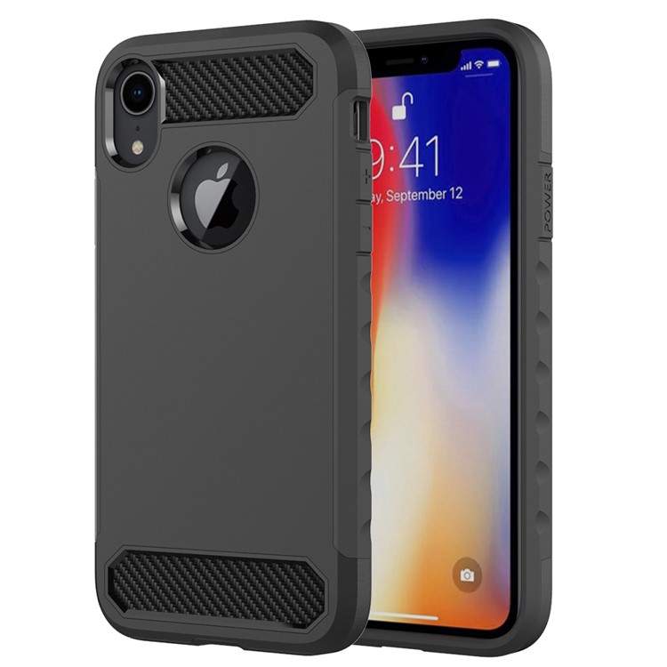 

Углеродного Волокна Текстуры PC + TPU Гибридный Корпус Мобильного Телефона Для Iphone 9 6,1 Дюйма - Черный