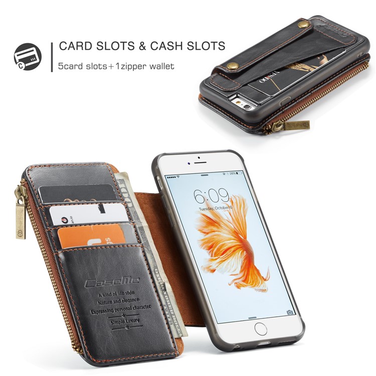 CASEME 011 Series Detachable 2-in-1 Business Zipper Leather Wallet Cover for iPhone 6s / 6 4.7-inch - Black-9