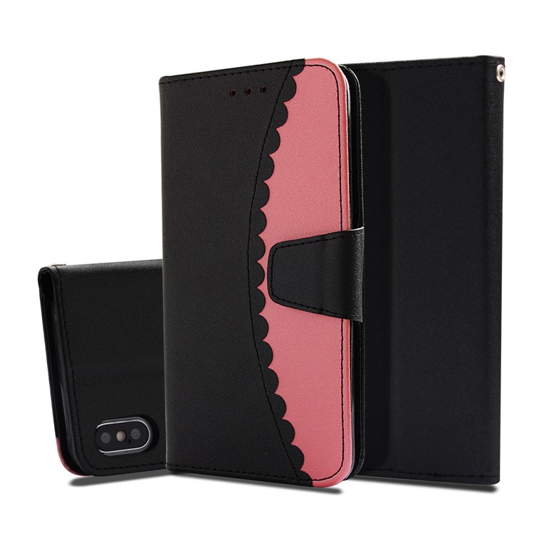 

Bi-color Splicing Leather Wallet Stand Folio Protection Case for iPhone XS Max 6.5 inch - Black / Rose