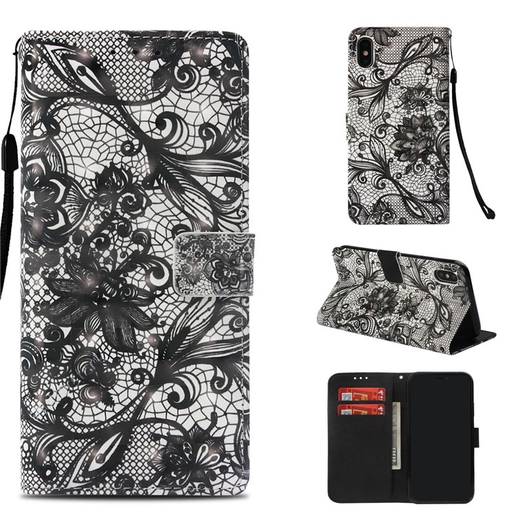 

Pattern Printing Wallet Leather Stand Cover for iPhone Xs Max 6.5 inch - Black Flower