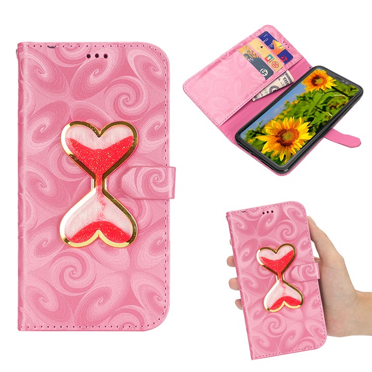 

Любовь Сердце Песочные Часы Quicksand PU Кожаный Кошелек Мобильный Телефон Крышка Для Iphone 9 6.1 Inch - Розовое Золото, iPhone XR